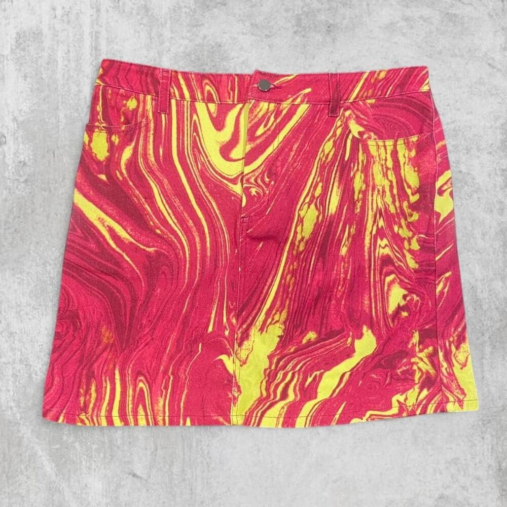 NWT The Kit Marbled Swirl Jean Mini Skirt Organic Cotton Stretch Denim Size L